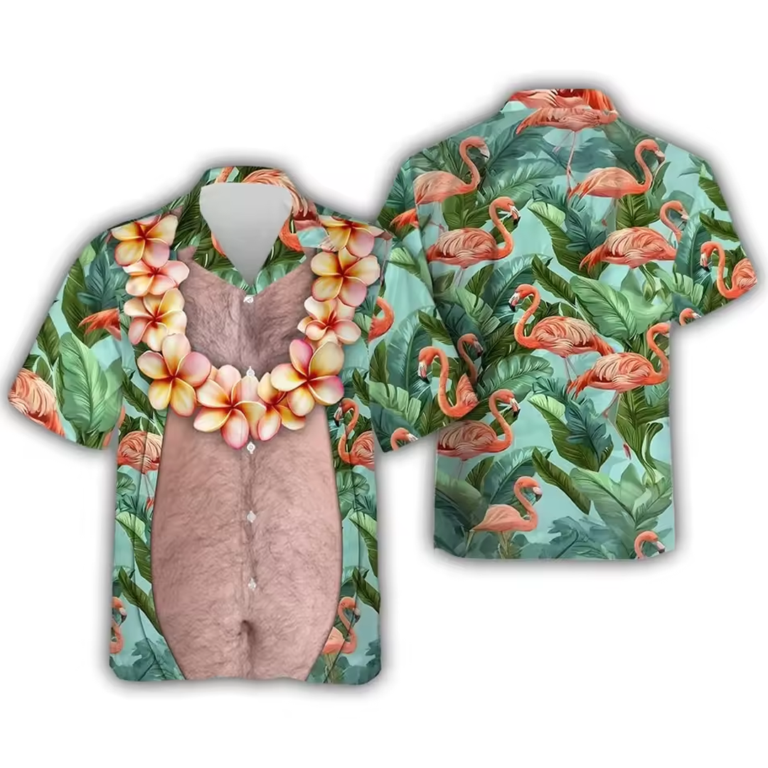 Big Belly Hawaiian Shirts Funny Flamingo Vacation Mens Shirts Casual Button Down Tropical Flowers Beach Shirts