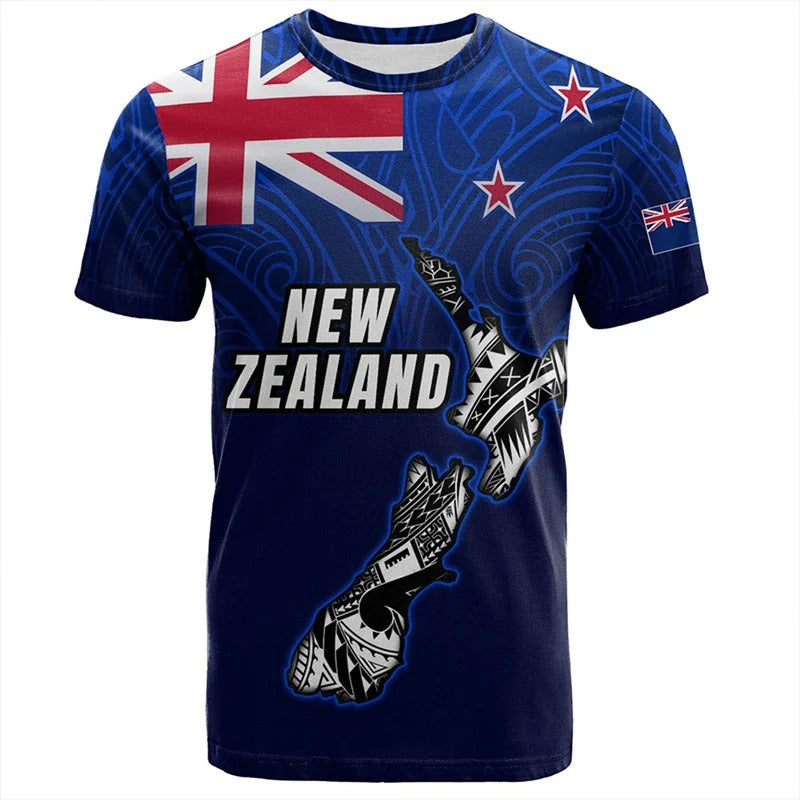 New Zealand Map Shirt NZ Flag Polynesian Pattern 3D Unisex Blue T Shirt