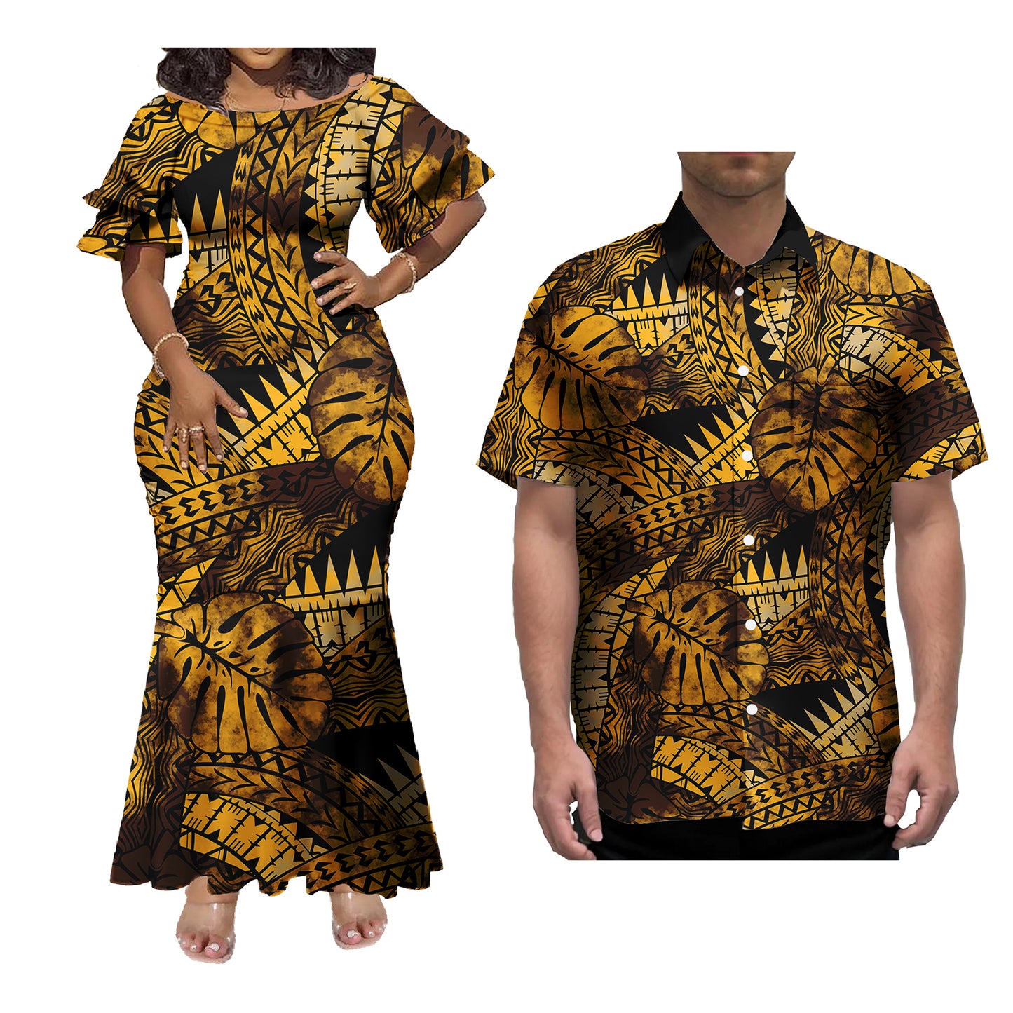 Vintage Polynesian Couple of Sets Outfit Polynesian Tropical Leaf Pattern Women's Short-Sleeved Dress Party Hawaiian Shirt For Men