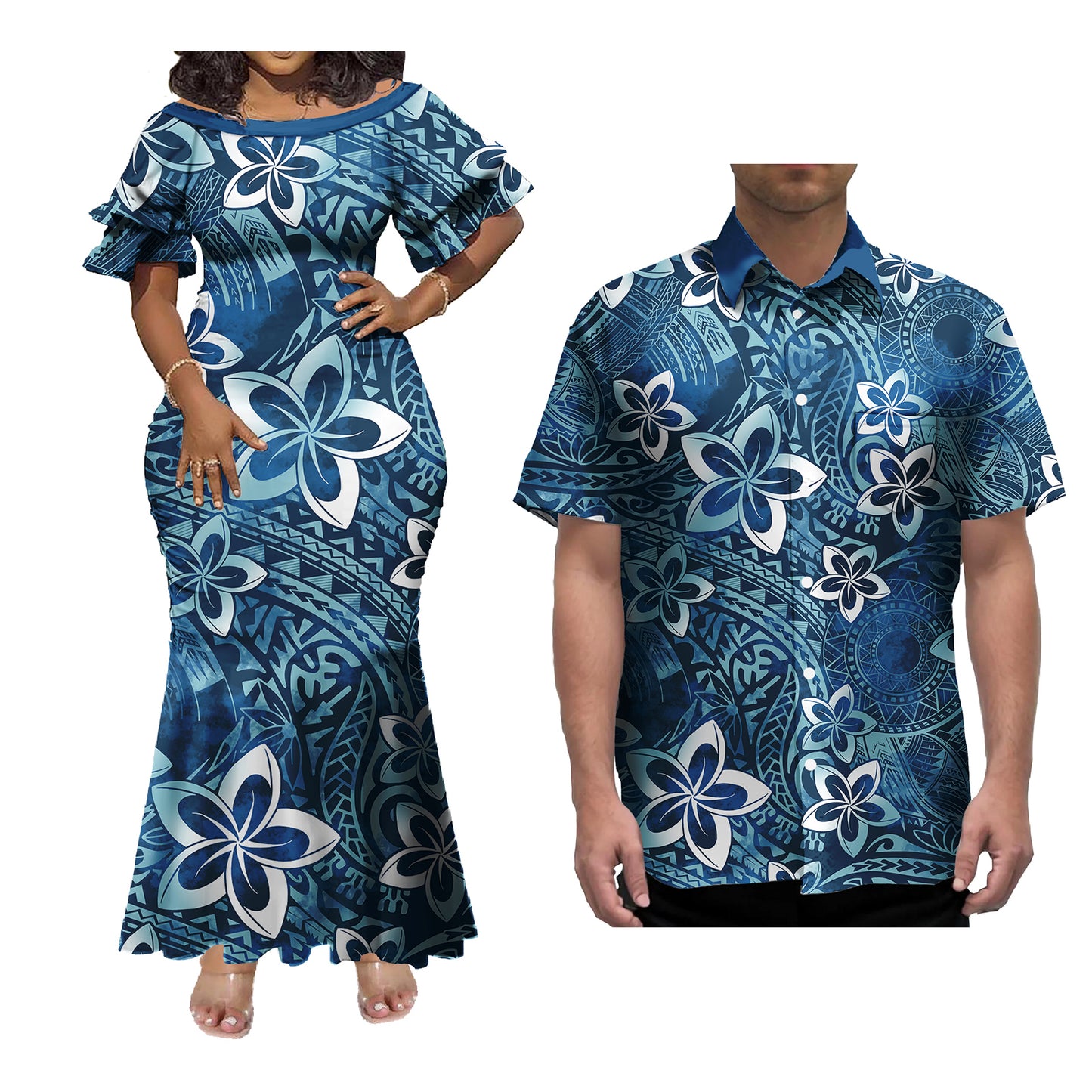 Polynesian Couple of Sets Outfit Polynesian Tropical Plumeria Flowers Pattern Women's Short-Sleeved Dress Party Hawaiian Shirt For Men