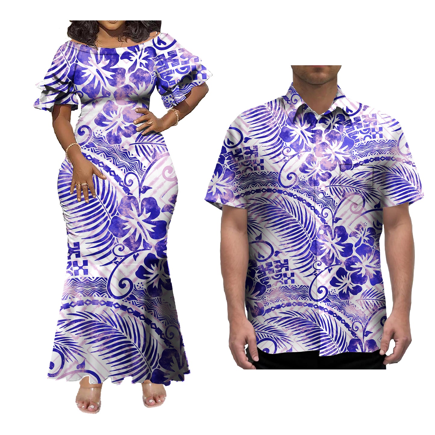 Polynesian Couple of Sets Purple Outfit Polynesian Tropical Flowers Pattern Women's Short-Sleeved Dress Party Hawaiian Shirt For Men