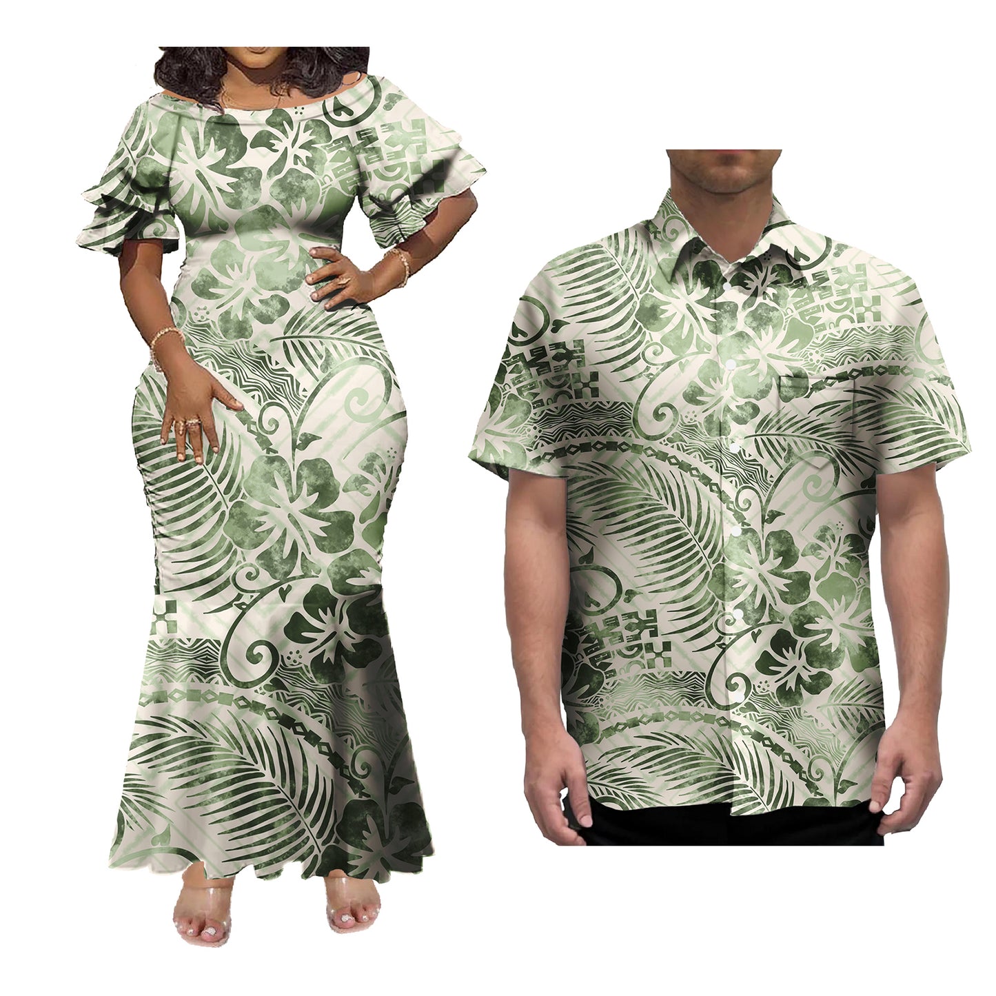 Polynesian Couple of Sets Outfit Polynesian Tropical Hibiscus Pattern Women's Short-Sleeved Dress Party Hawaiian Shirt For Men