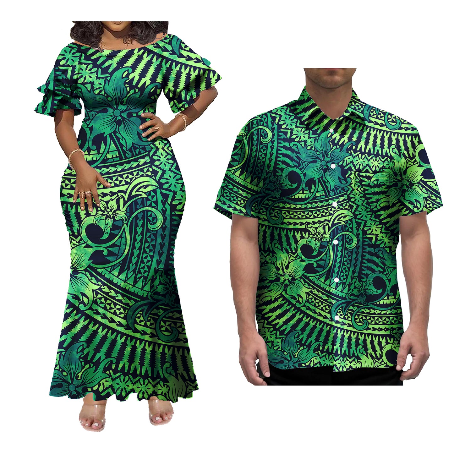 Polynesian Couple of Sets Green Outfit Polynesian Tropical Hibiscus Pattern Women's Short-Sleeved Dress Party Hawaiian Shirt For Men