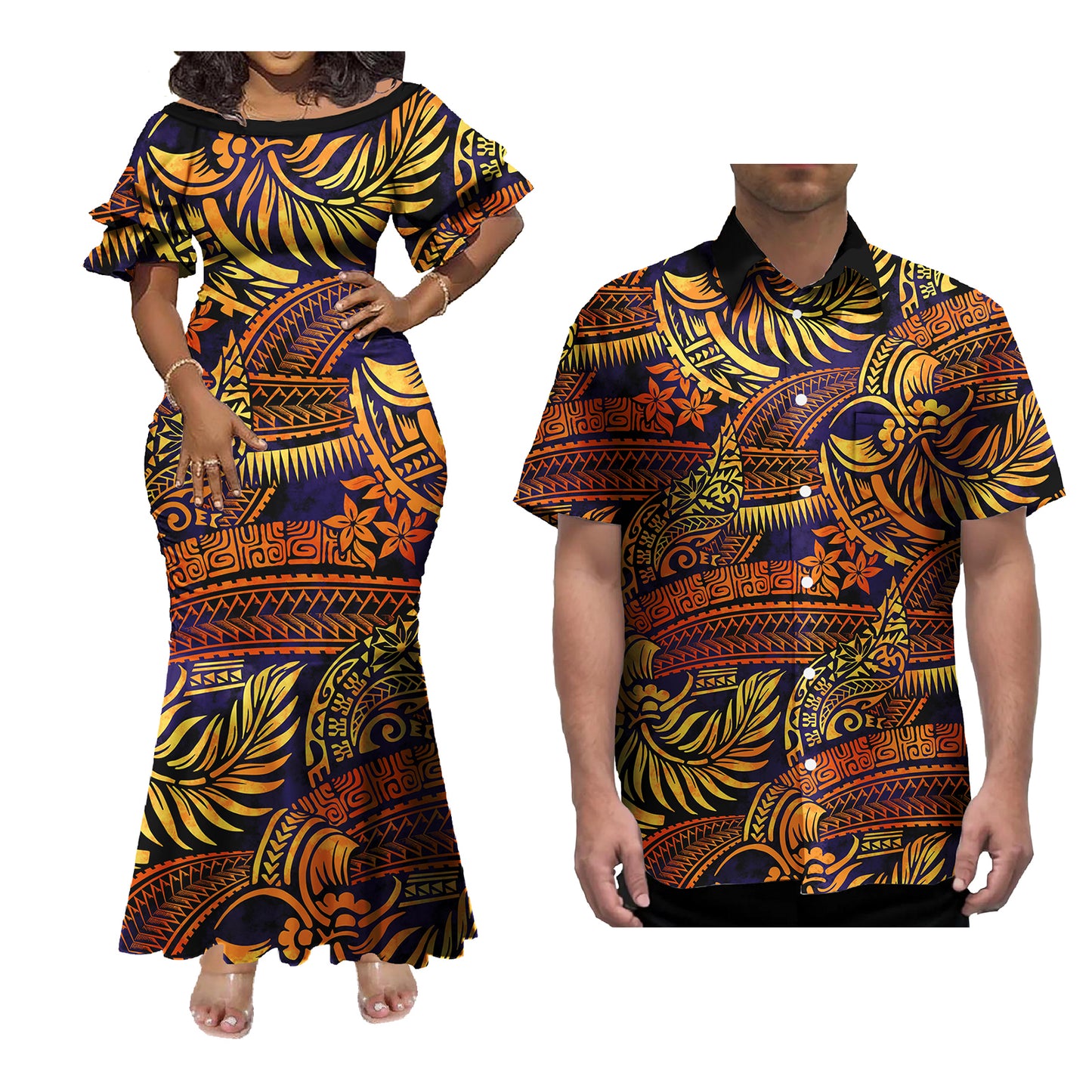 Polynesian Couple of Sets Outfit Polynesian Tropical Pattern Women's Short-Sleeved Dress Party Hawaiian Shirt For Men