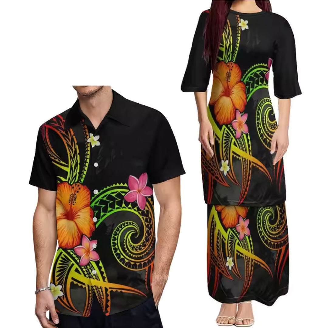 Outfit For Couple Flowers Tropical Polynesian Tribal Pattern crew neck Women's Dress Men's Hawaiian Shirt Polynesian Matching Outfit