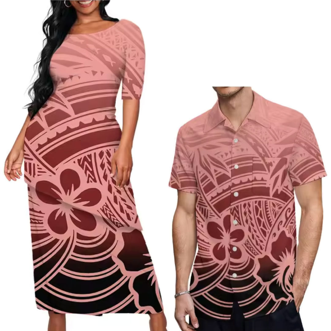 Pacific Island Couple Matching Outfit Polynesian Tribal Tropical Flowers Pattern Puletasi Dress Two-Piece Suit With Men's Shirt Couple Set