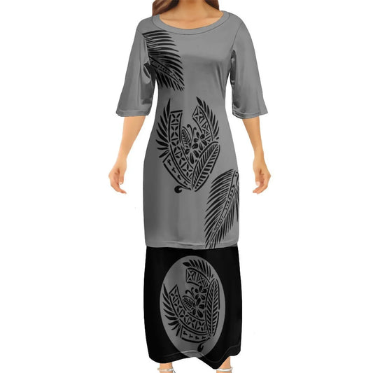 Grey Tropical Polynesian Traditional Tribal Couple Set Puletasi Dress Two-Piece Suit With Men's Shirt Blue Matching Outfit For Couple