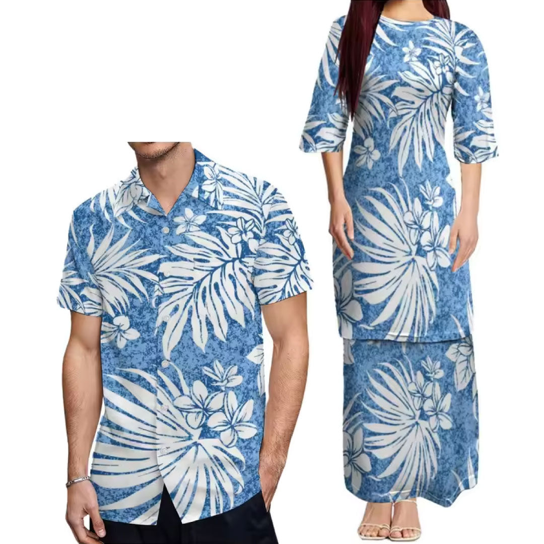 Outfit For Couple Flowers Polynesian Tribal Pattern Blue crew neck Women's Dress Men's Hawaiian Shirt Polynesian Matching Outfit