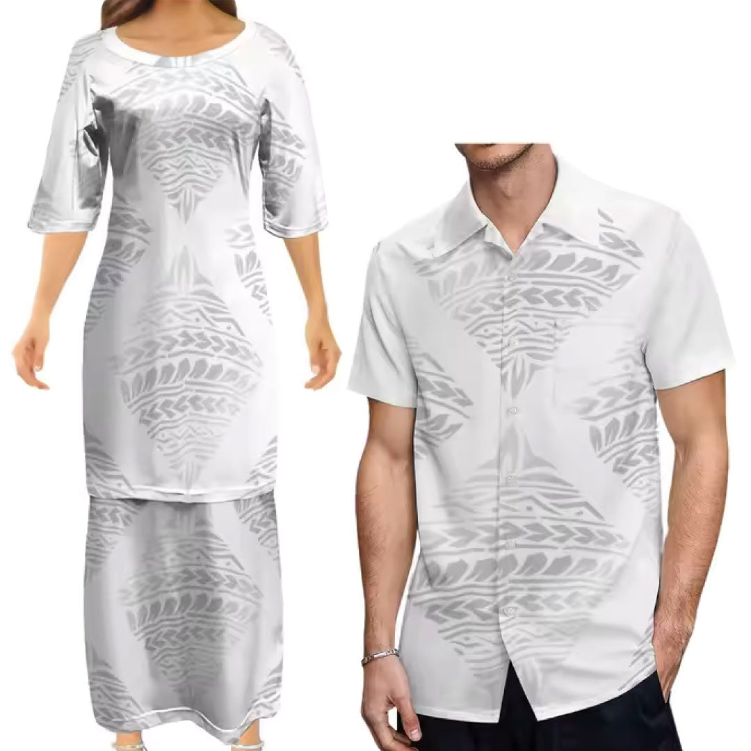 Polynesian Tribal Printed Pattern Matching Outfit For Couple Tropical White Puletasi Dress Two-Piece Suit With Men's Shirt Couple Set