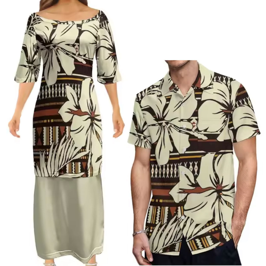 Flowers Polynesian Traditional Tribal Couple Set Puletasi Dress Two-Piece Suit With Men's Shirt Blue Matching Outfit For Couple