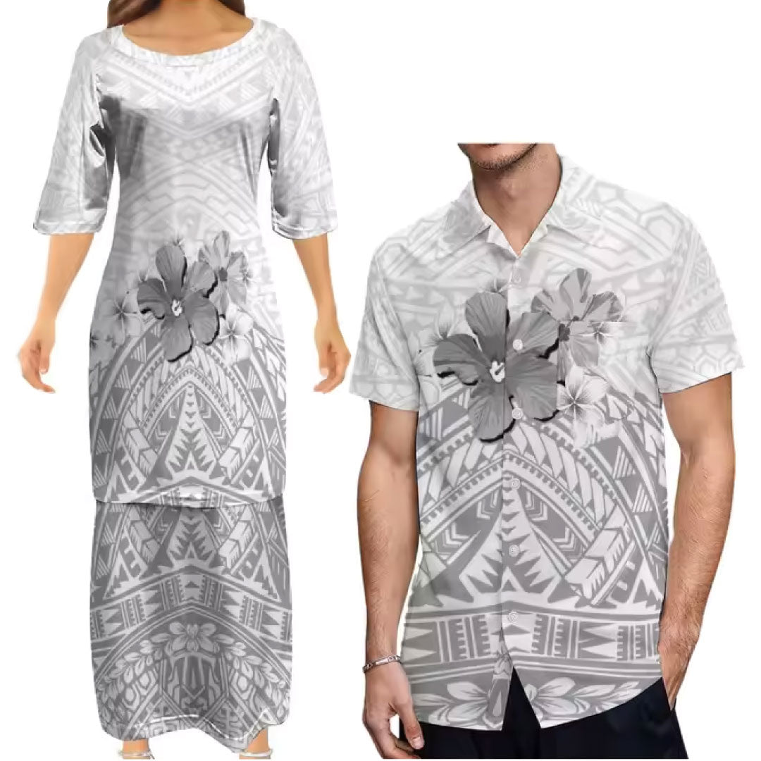 White Polynesian Tribal Print Flowers Pattern Matching Outfit For Couple Tropical Puletasi Dress Two-Piece Suit With Men's Shirt Couple Set