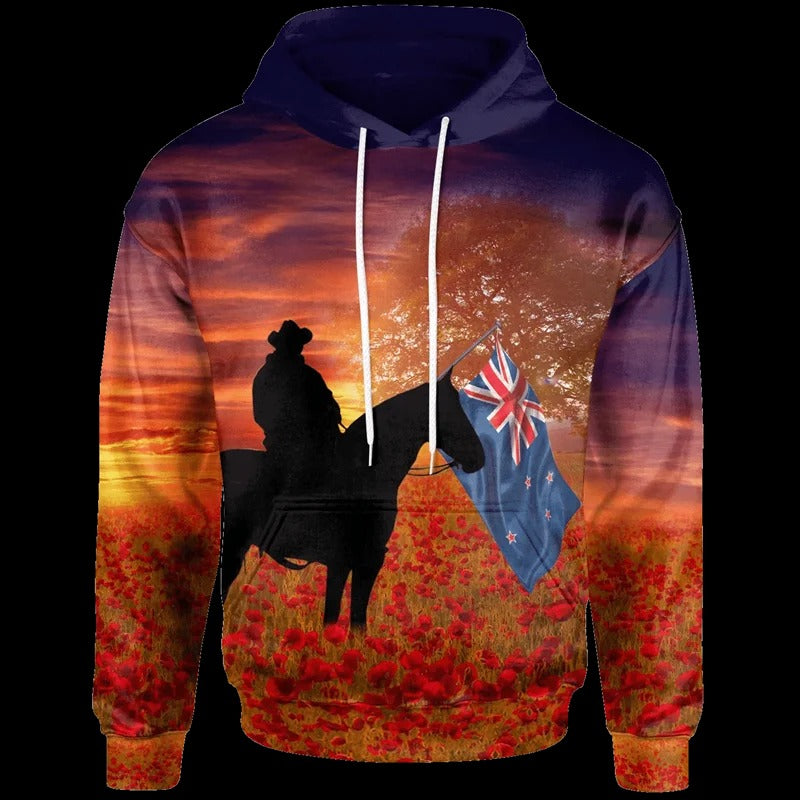 New Zealand Hoodie NZ Soldier Poppy Flowers Anzac Day Zip Hoodie
