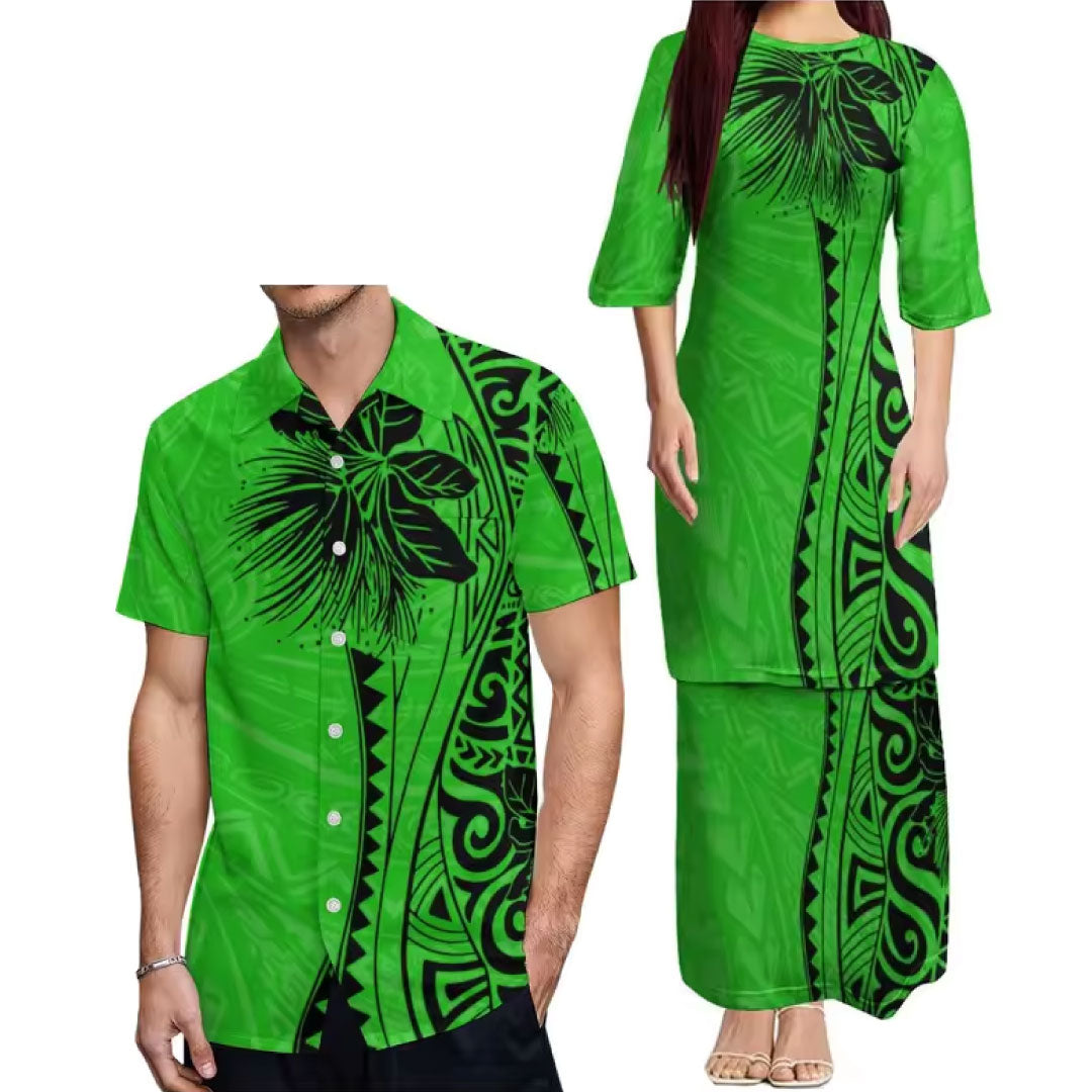 Outfit For Couple Flowers Polynesian Tribal Pattern Green crew neck Women's Dress Men's Hawaiian Shirt Polynesian Matching Outfit