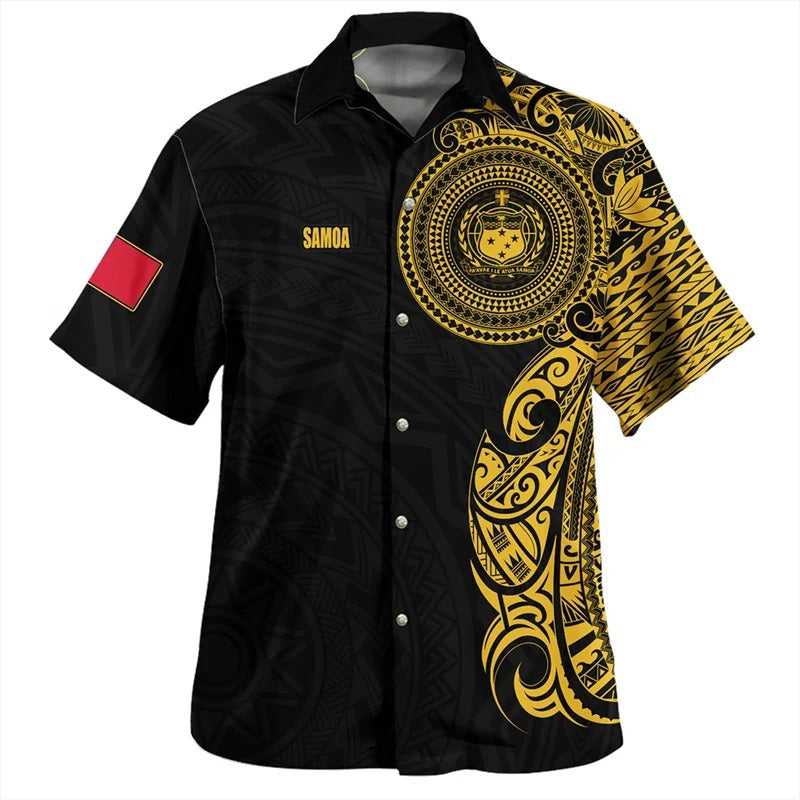 Samoa Coat of Arms Hawaiian Shirts Printed Polynesian Tribal Yellow Short Sleeves Summer Casual Button Shirt