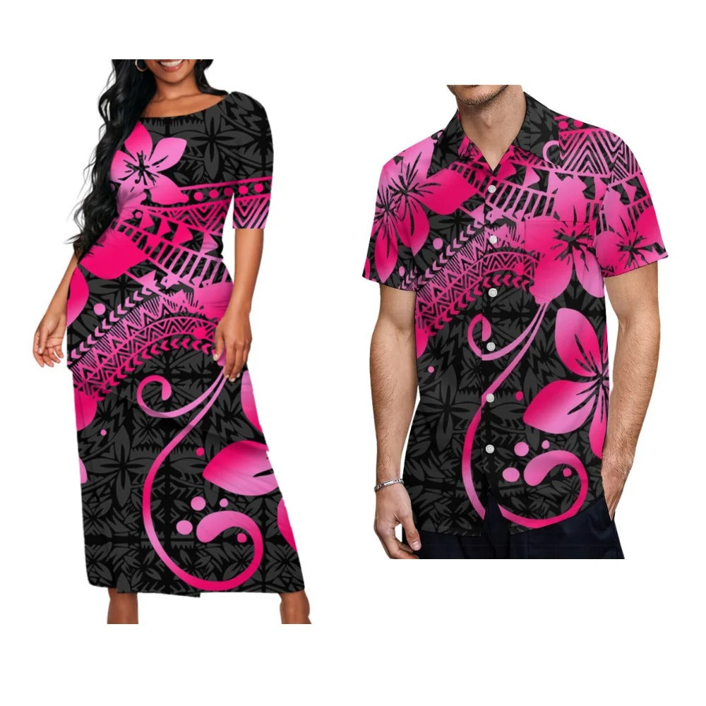 Flowers Polynesian Pattern Matching Outfit For Couple Polynesian Puletasi Dress Two-Piece Suit With Men's Shirt