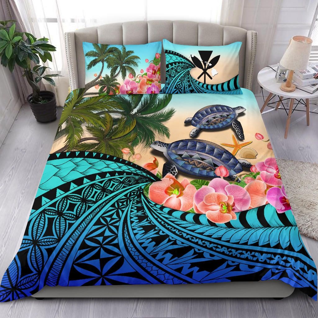 Kanaka Maoli (Hawaiian) Bedding Set Polynesian Turtle Coconut tree And Orchids