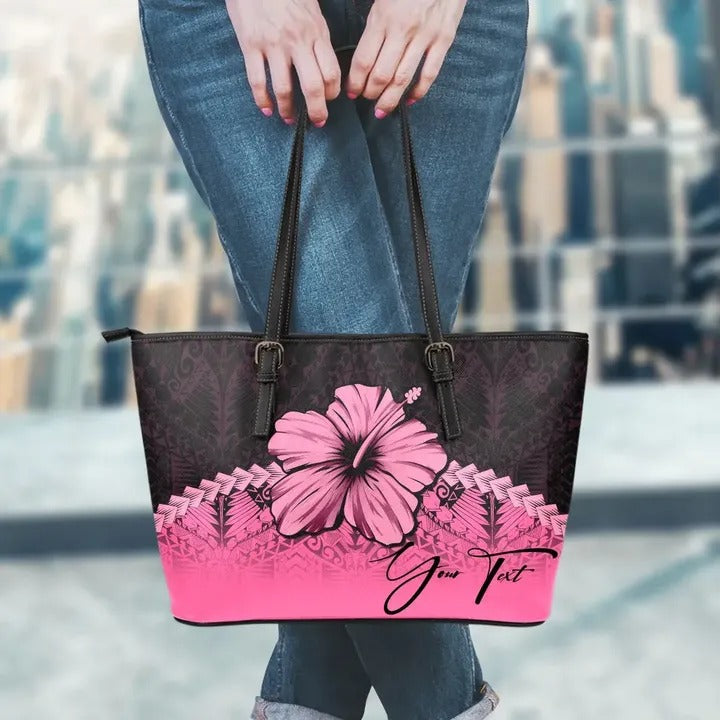 (Custom Personalised) Polynesian Leather Tote Bag Hibiscus Personal Signature Pink