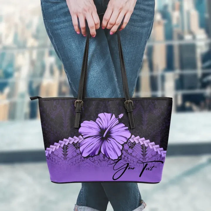 (Custom Personalised) Polynesian Leather Tote Bag Hibiscus Personal Signature Purple