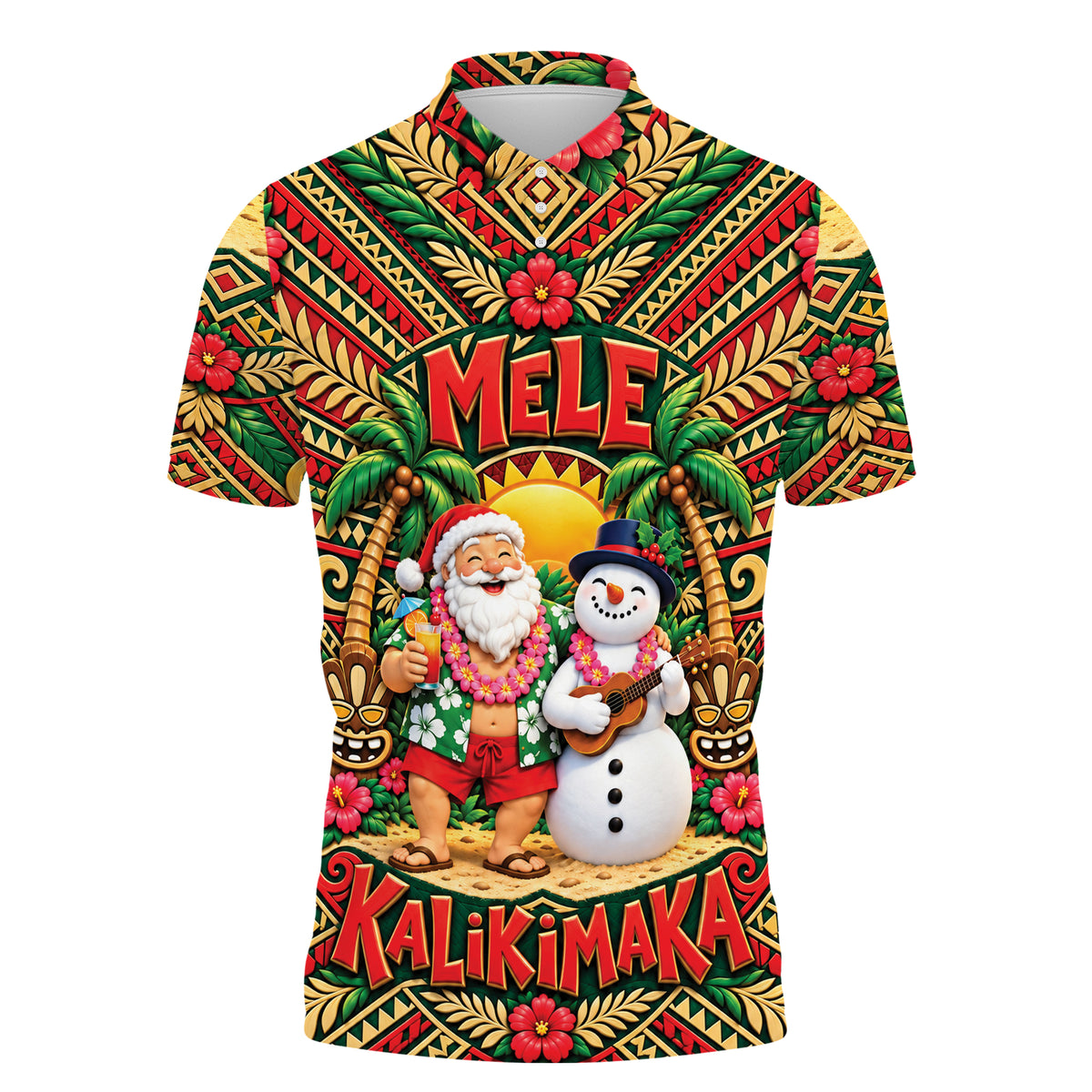 Hawaii Mele Kalikimaka Funny Santa Shirt Polynesian Tribal Christmas Polo Shirt