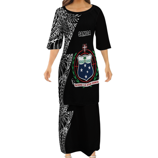 Samoa Coat Of Arms Couple Outfit Matching Polynesian Tribal Leaf Pattern Black Dress And Hawaiian Shirt
