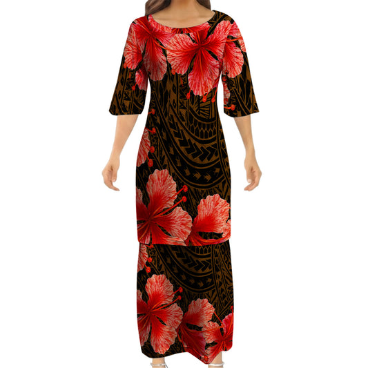 Polynesian Tribal Flowers Pattern Brown Matching Outfit For Couple Island Puletasi Dress And Hawaiian Shirt