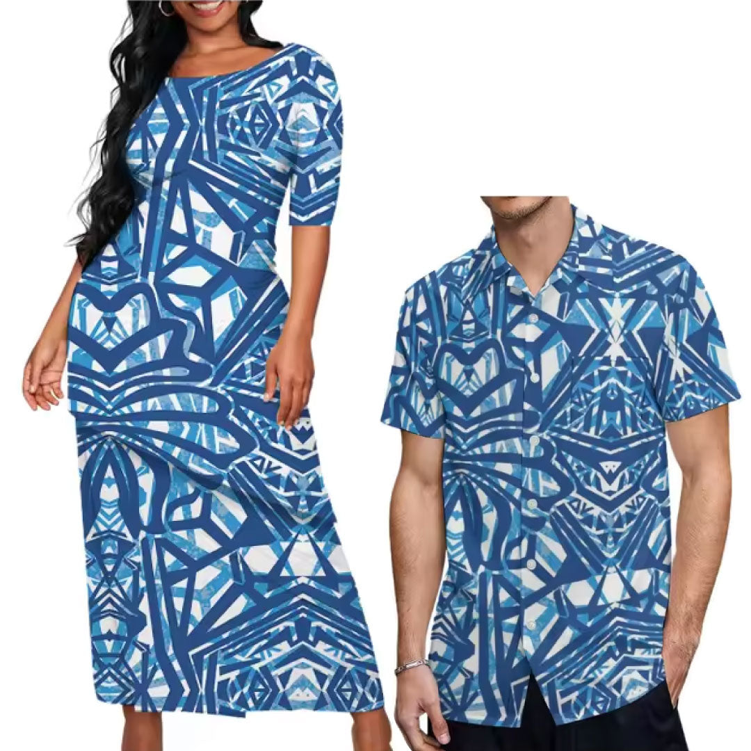 Blue Pacific Island Couple Matching Outfit Polynesian Tribal Pattern Dress Puletasi Dress Two-Piece Suit With Men's Shirt Couple Set