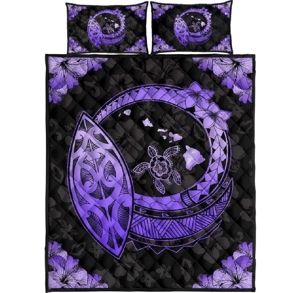 Hawaii Hibiscus Map Polynesian Quilt Bed Set Purple