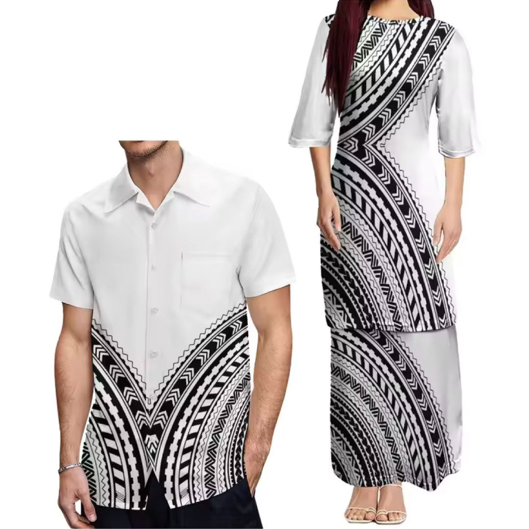 Outfit For Couple Printed Polynesian Tribal Print crew neck Women's Dress Men's Hawaiian Shirt Polynesian Matching Outfit