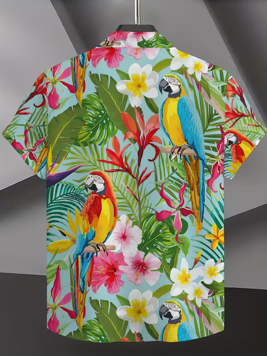 Men's Vibrant Parrot & Tropical Floral Print Hawaiian Shirt Tropical Beach Short Sleeve Button Printed Shirt For Him