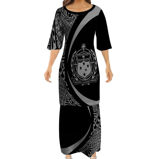 Samoa Black Outfit Matching Polynesian Tribal Leaf Pattern Black Dress And Hawaiian Shirt Curve Style