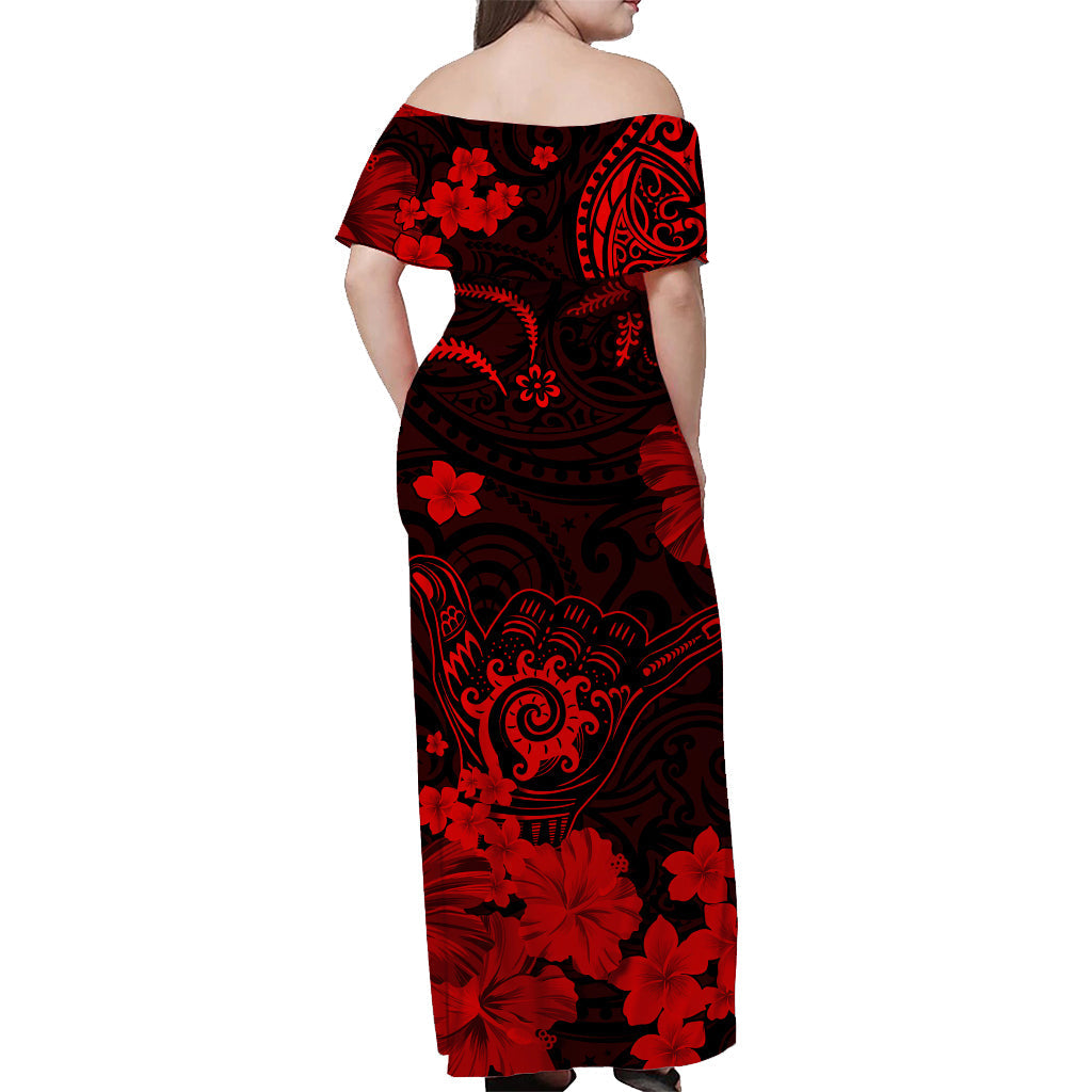 Hawaii Off Shoulder Long Dress Polynesia Red Cool Shaka Sign