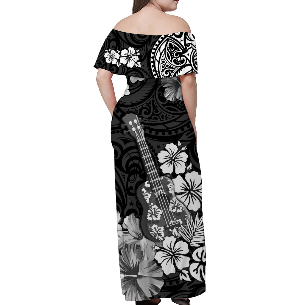 Hawaii Off Shoulder Long Dress Polynesia Black Ukulele Flowers
