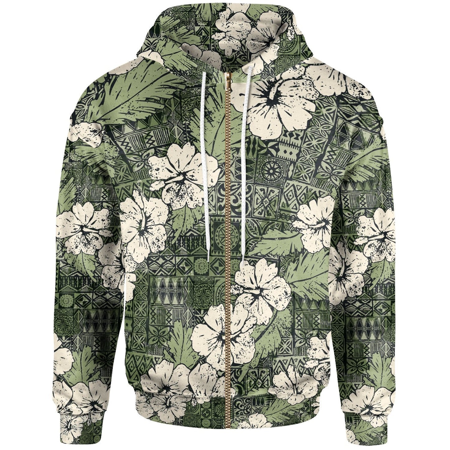 Polynesian Hoodie Abstract Hibiscus Flowers With Tribal Background Green Color