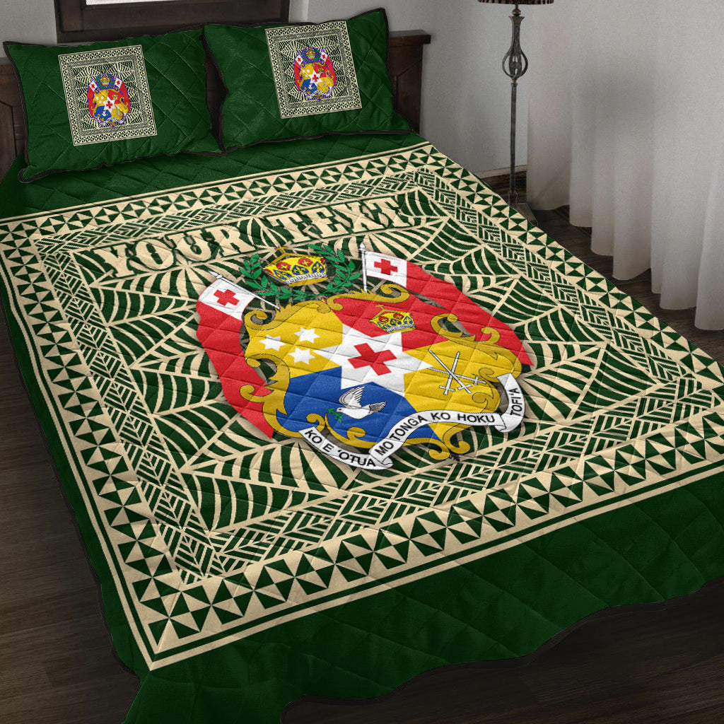 (Custom Personalised) Tonga Pattern Quilt Bed Set Coat of Arms Green and Beige