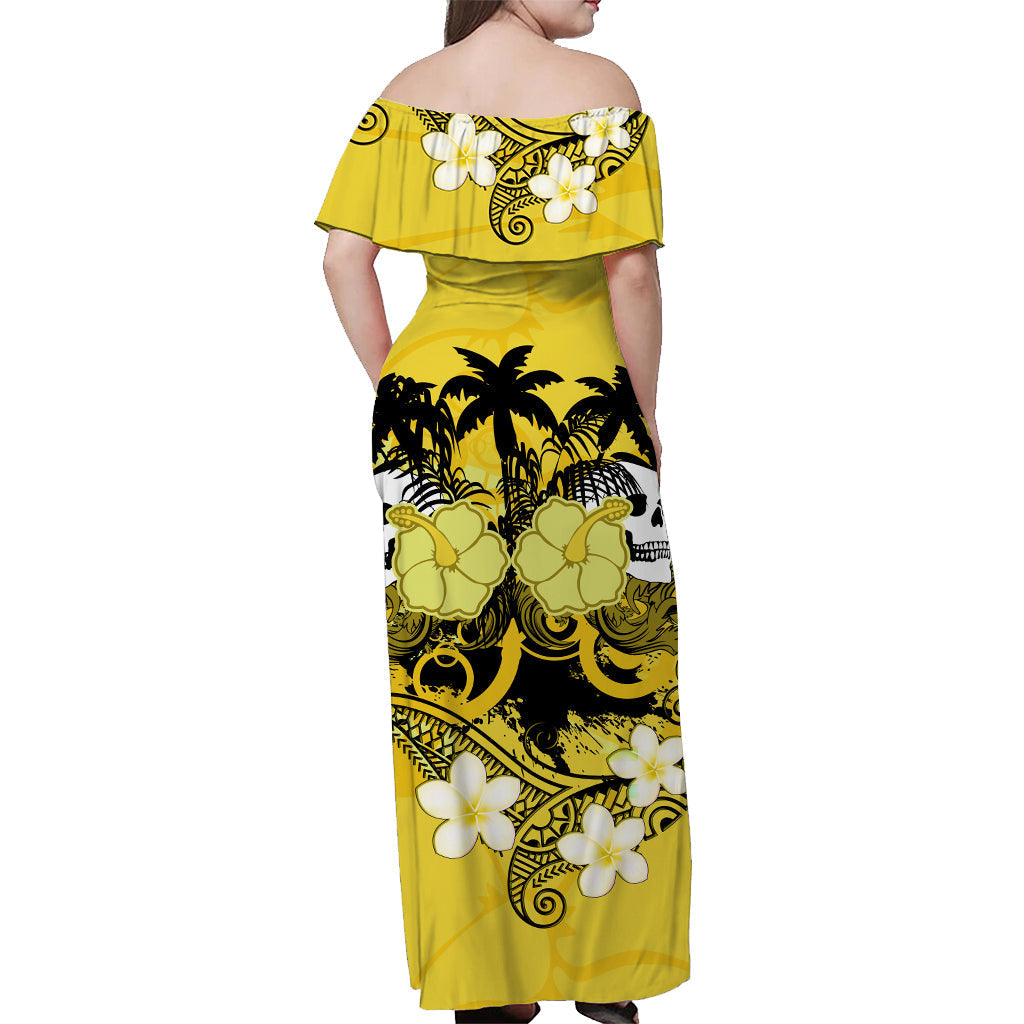 Hawaii Skull Off Shoulder Long Dress Mysterious Polynesia and Yellow Flowers