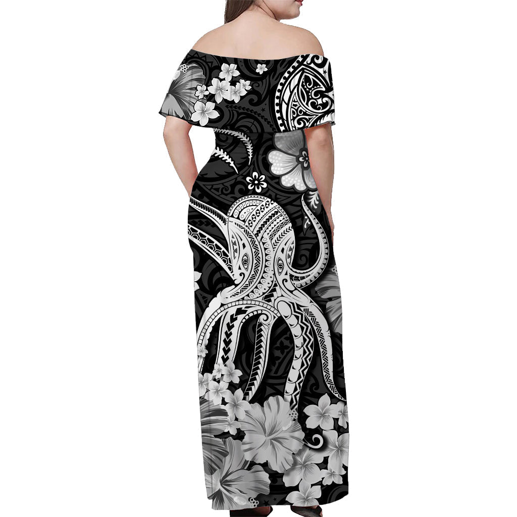 Hawaii Off Shoulder Long Dress Polynesia White Octopus