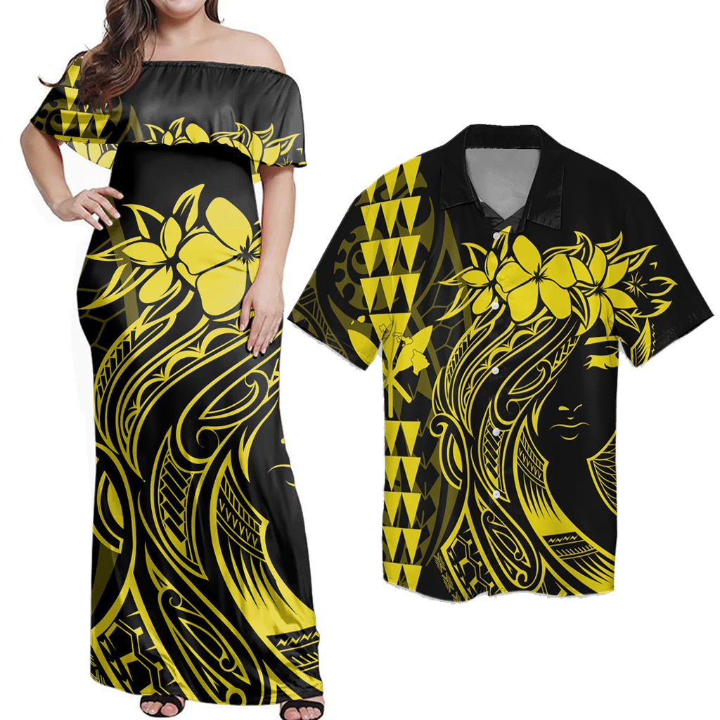 Matching Hawaiian Outfits Combo Dress And Shirt Hawaii Map Kanaka Polynesian Hula Girl Yellow Blue