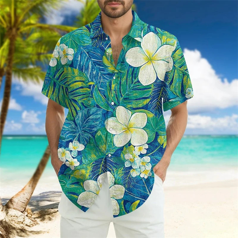 Vintage White Flowers Men's Hawaiian Shirt Tropical Island Summer Printed Short Sleeve Shirt