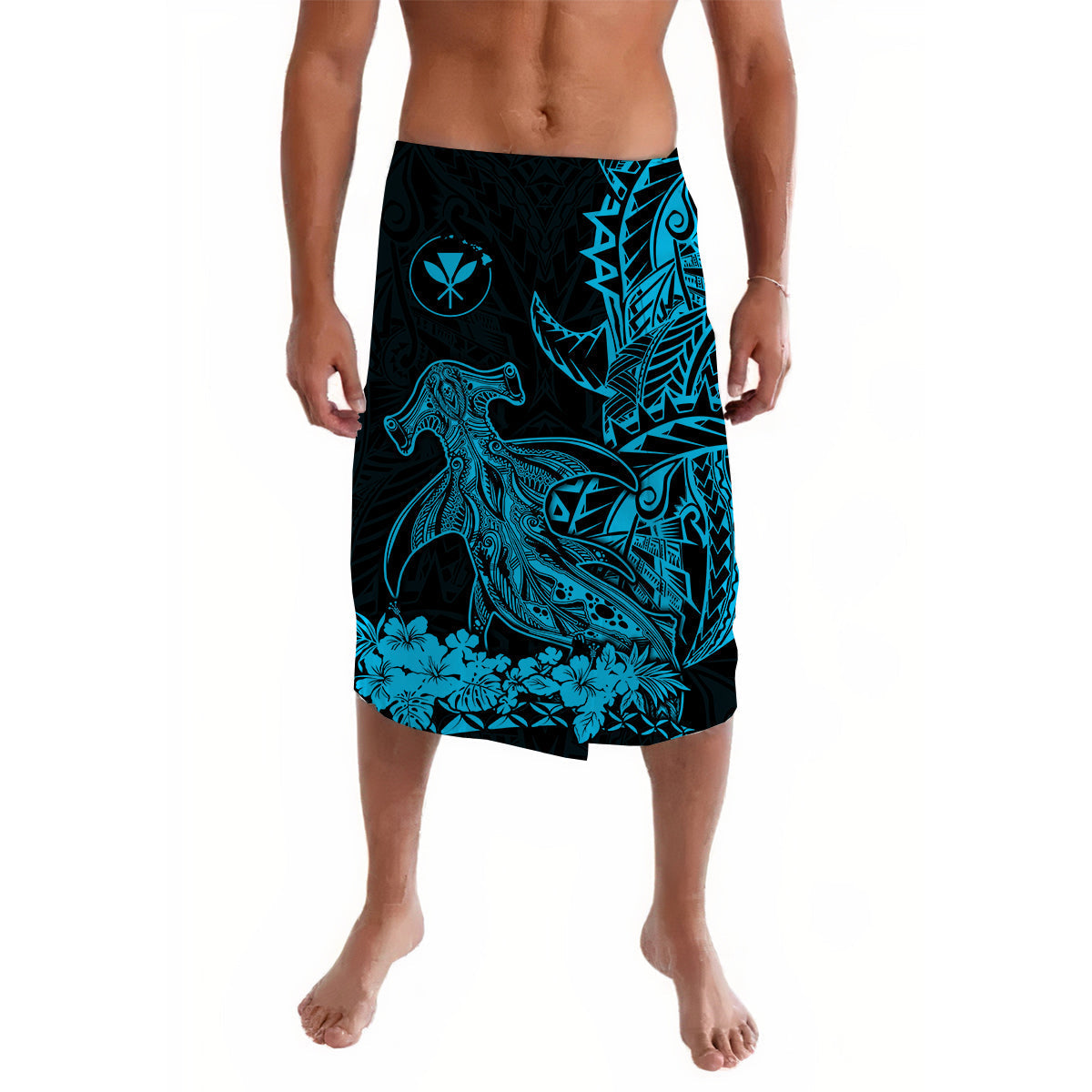 Hawaii Polynesian Lavalava Wild Hammerhead Sharks Blue