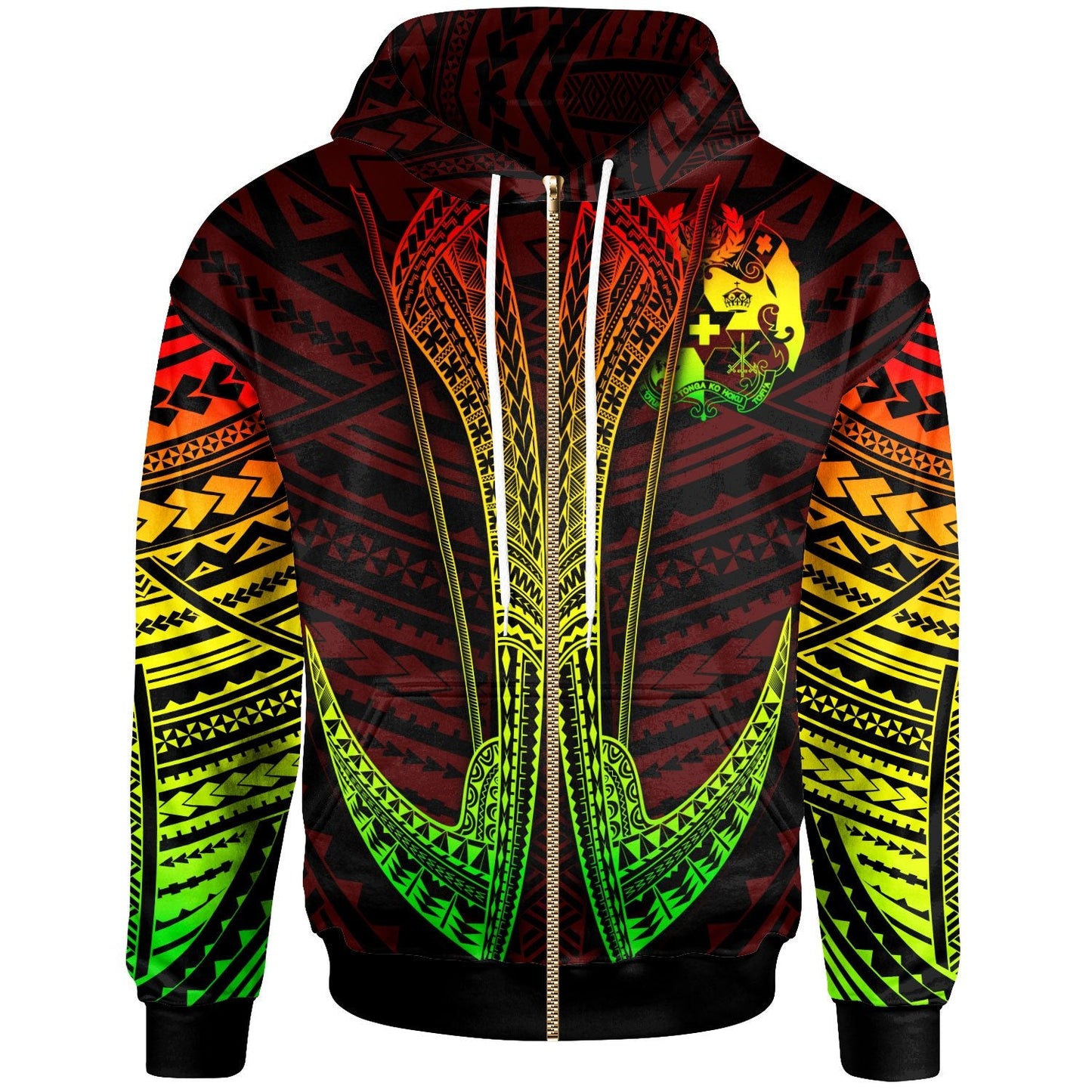 Tonga Coat Of Arms Hoodie Tonga Reggae Polynesian Tribal Zip Hoodie Fish Hook