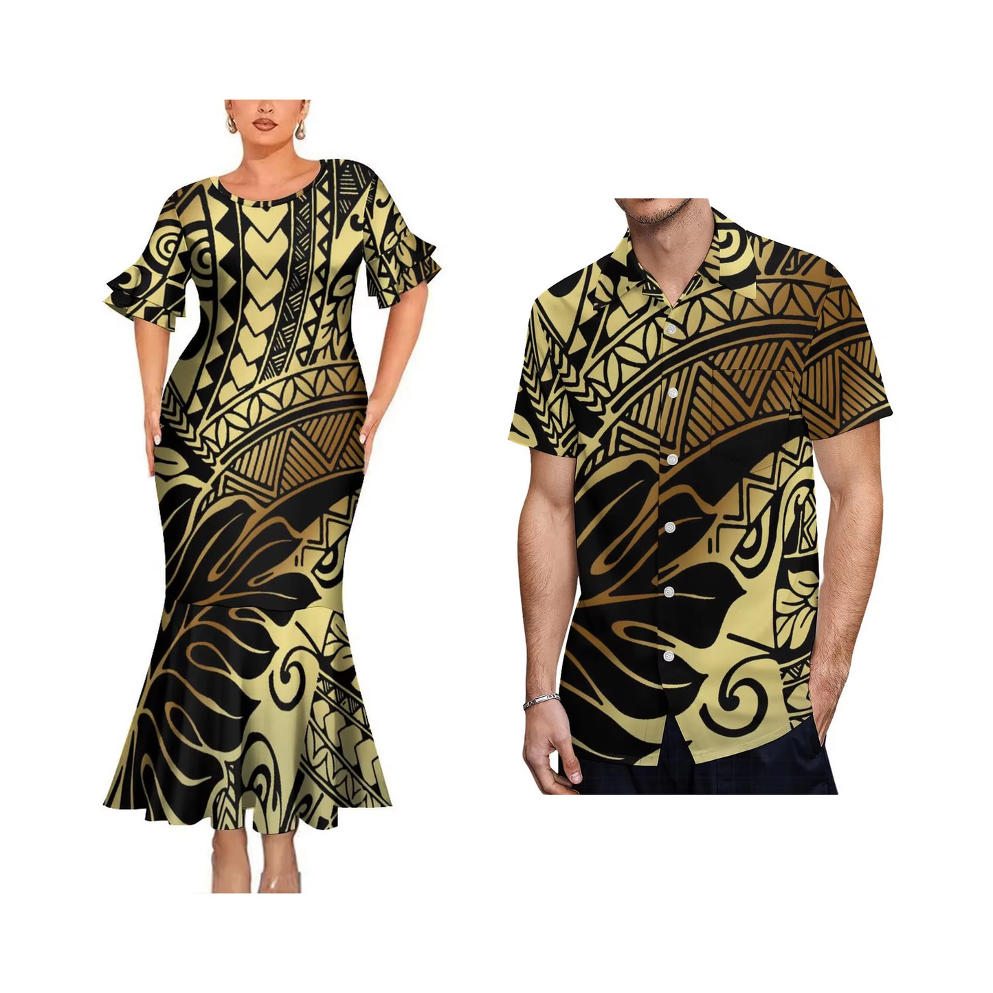 Polynesian Tribal Leaf Pattern Black Couple Matching Outfit Women Crew Neck Mermaid Dress and Long Sleeve Shirt Shirt