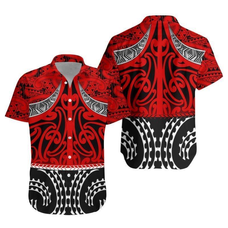 NZ Hawaiian Shirt, Red Maori Taaniko
