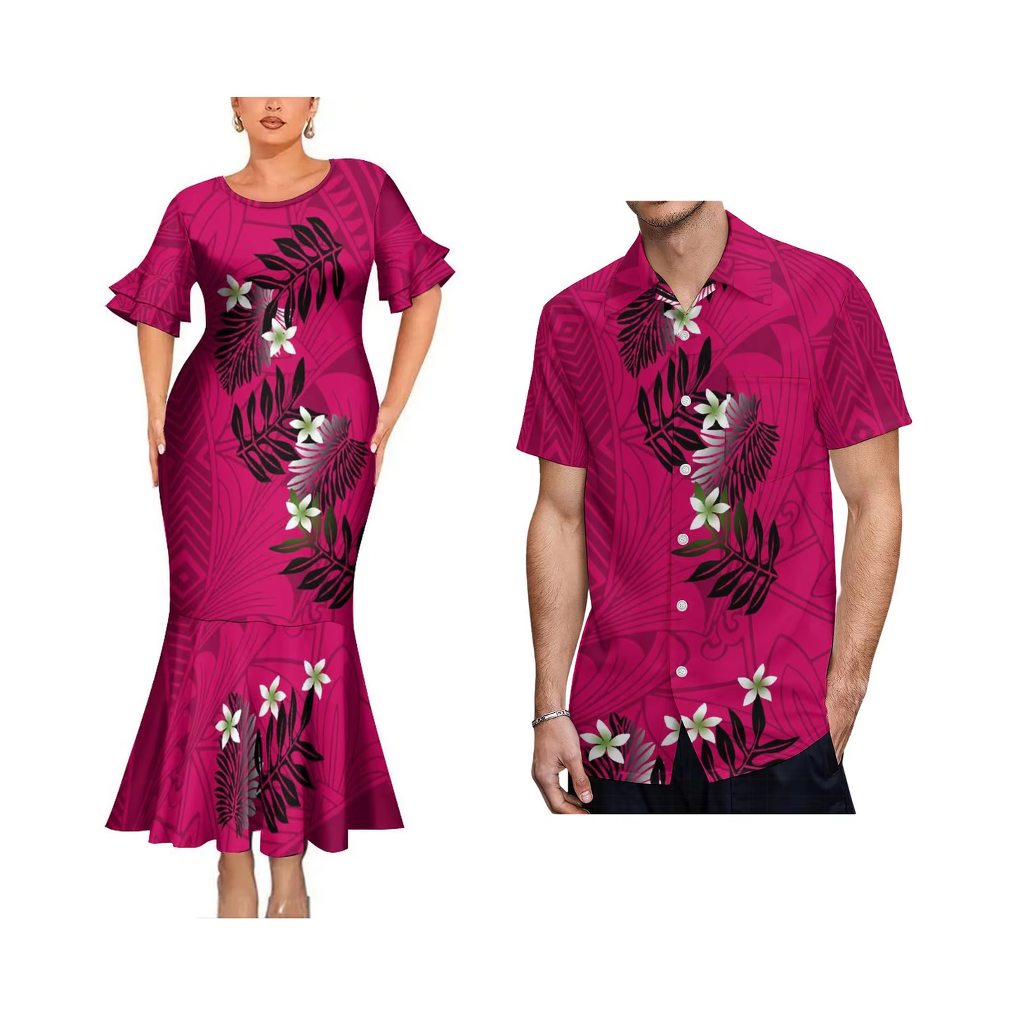 Polynesian Flower Tribal Pattern Matching Outfit For Couple Bodycon Mermaid Dress and Shirt
