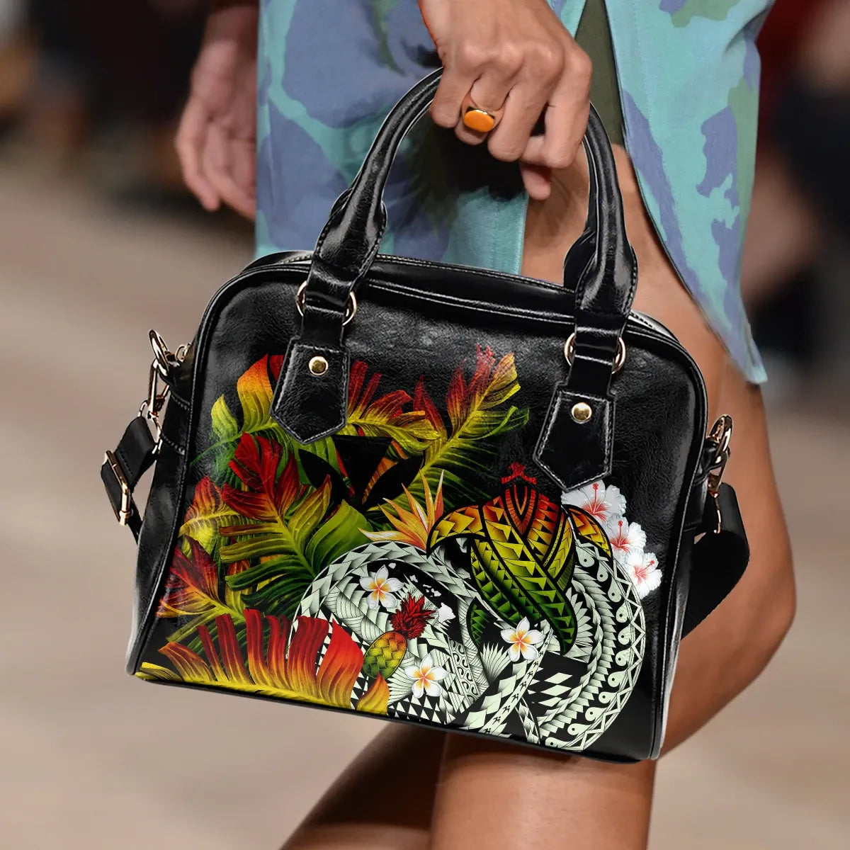 Kanaka Maoli Hawaiian Shoulder Handbag, Polynesian Pineapple Banana Leaves Turtle Tattoo Reggae