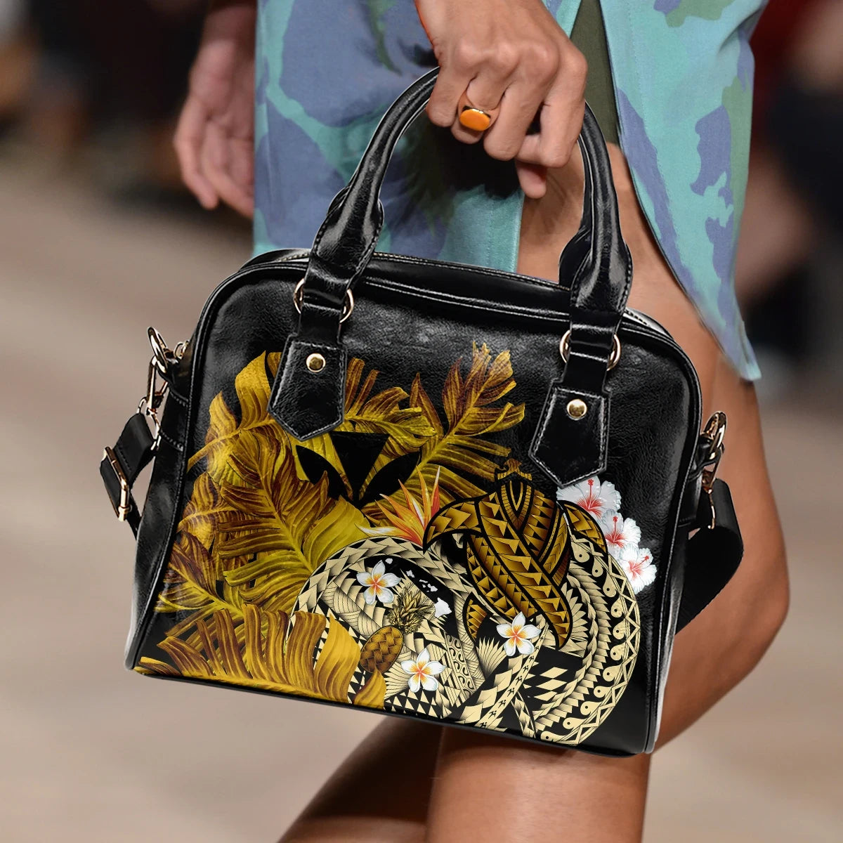 Kanaka Maoli Hawaiian Shoulder Handbag, Polynesian Pineapple Banana Leaves Turtle Tattoo Yellow