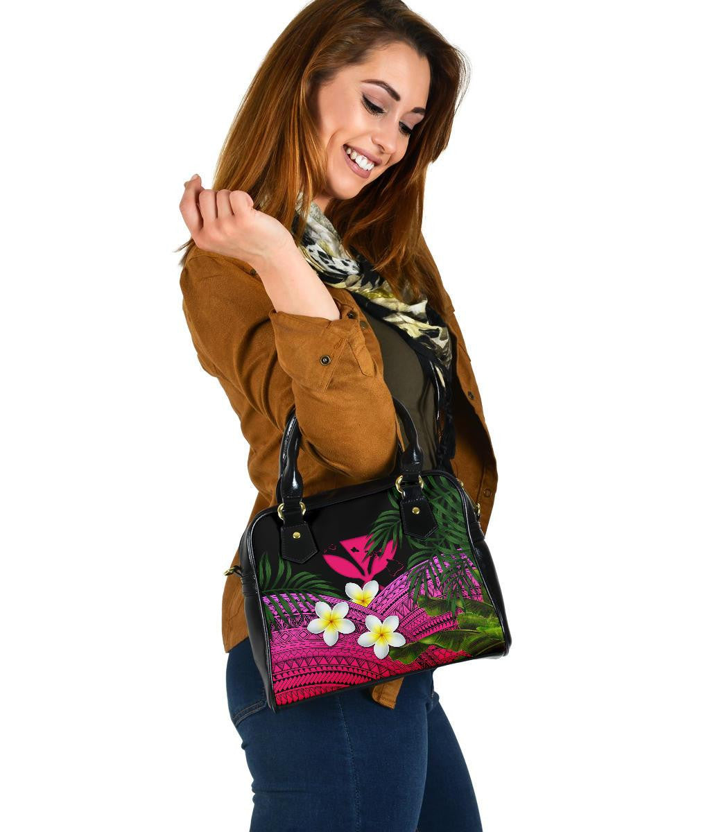Kanaka Maoli Hawaiian Shoulder Handbag, Polynesian Plumeria Banana Leaves Pink