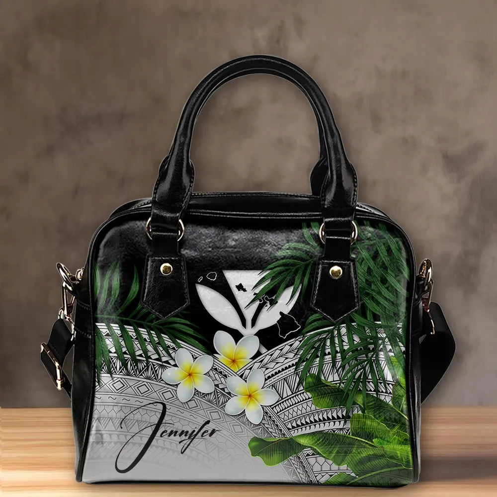 Custom Kanaka Maoli Hawaiian Shoulder Handbag, Polynesian Plumeria Banana Leaves Gray Personal Signature