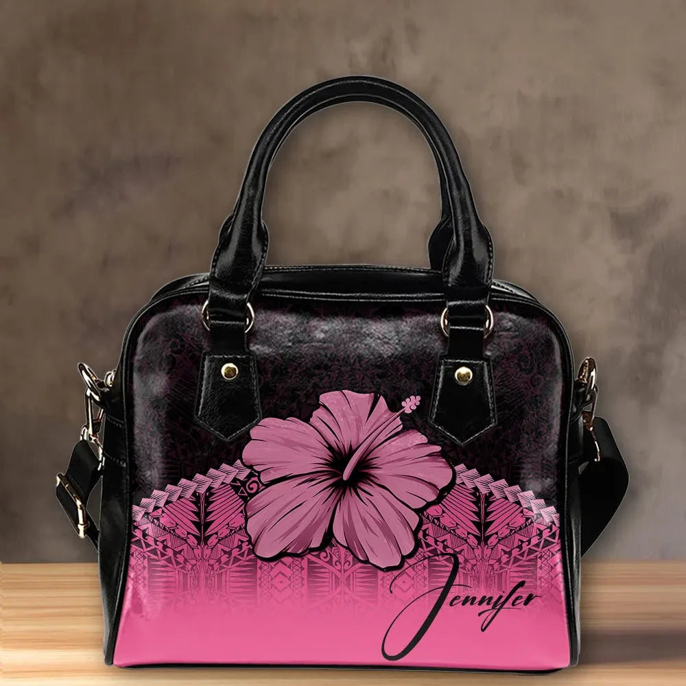 Custom Polynesian Shoulder Handbag Pink Hibiscus Personal Signature