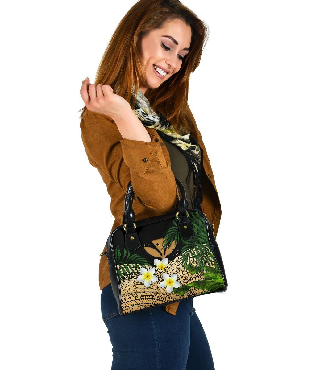 Kanaka Maoli Hawaiian Shoulder Handbag, Polynesian Plumeria Banana Leaves Gold
