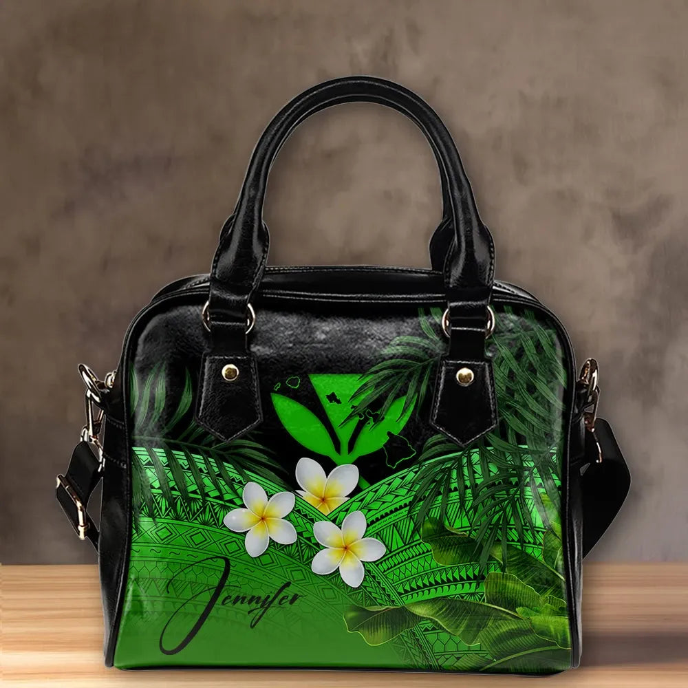 Custom Kanaka Maoli Hawaiian Shoulder Handbag, Polynesian Plumeria Banana Leaves Green Personal Signature